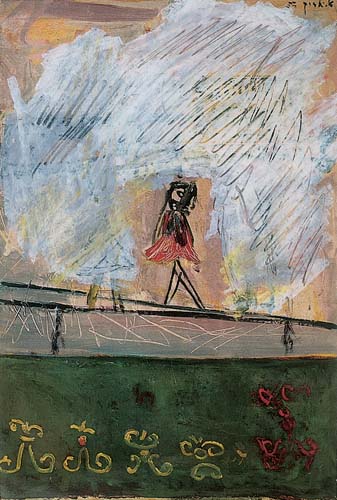 פנדה על גבי רפרודוקציה של הציור "שלוש ילדות ברחוב"